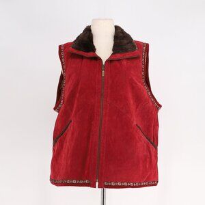 NWT KOOS Of Course Vintage Women's Suede Leather Vest Fur Collar Dark Red 1X